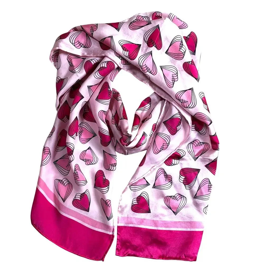 Vintage Liz Claiborne logo silk scarf shades of pink mod hearts long rectangle